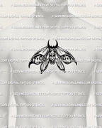 Oni moth tattoo stencil shown on men’s chest center placement example, oni mask detail centered, printable PNG JPG PDF