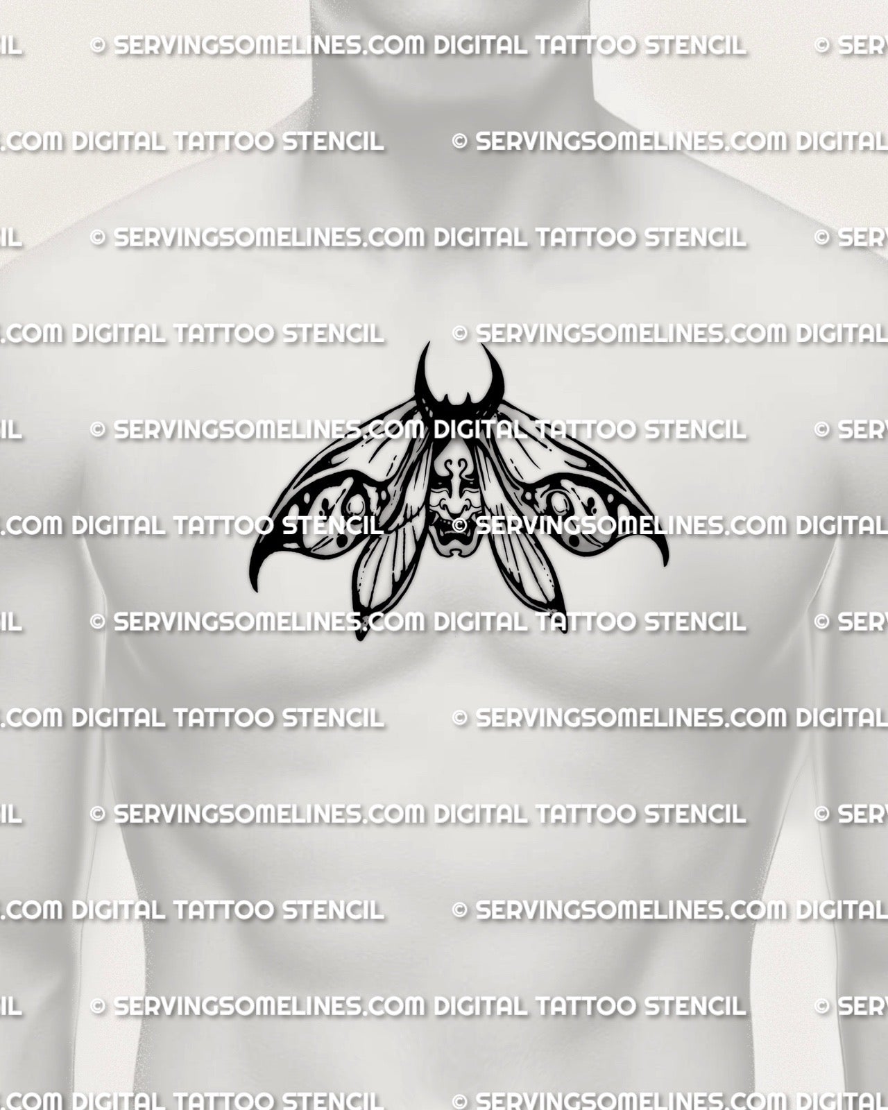 Oni moth tattoo stencil shown on men’s chest center placement example, oni mask detail centered, printable PNG JPG PDF
