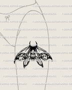 Japanese oni moth tattoo stencil shown on thigh placement example, blackwork wings, clean printable PNG JPG PDF