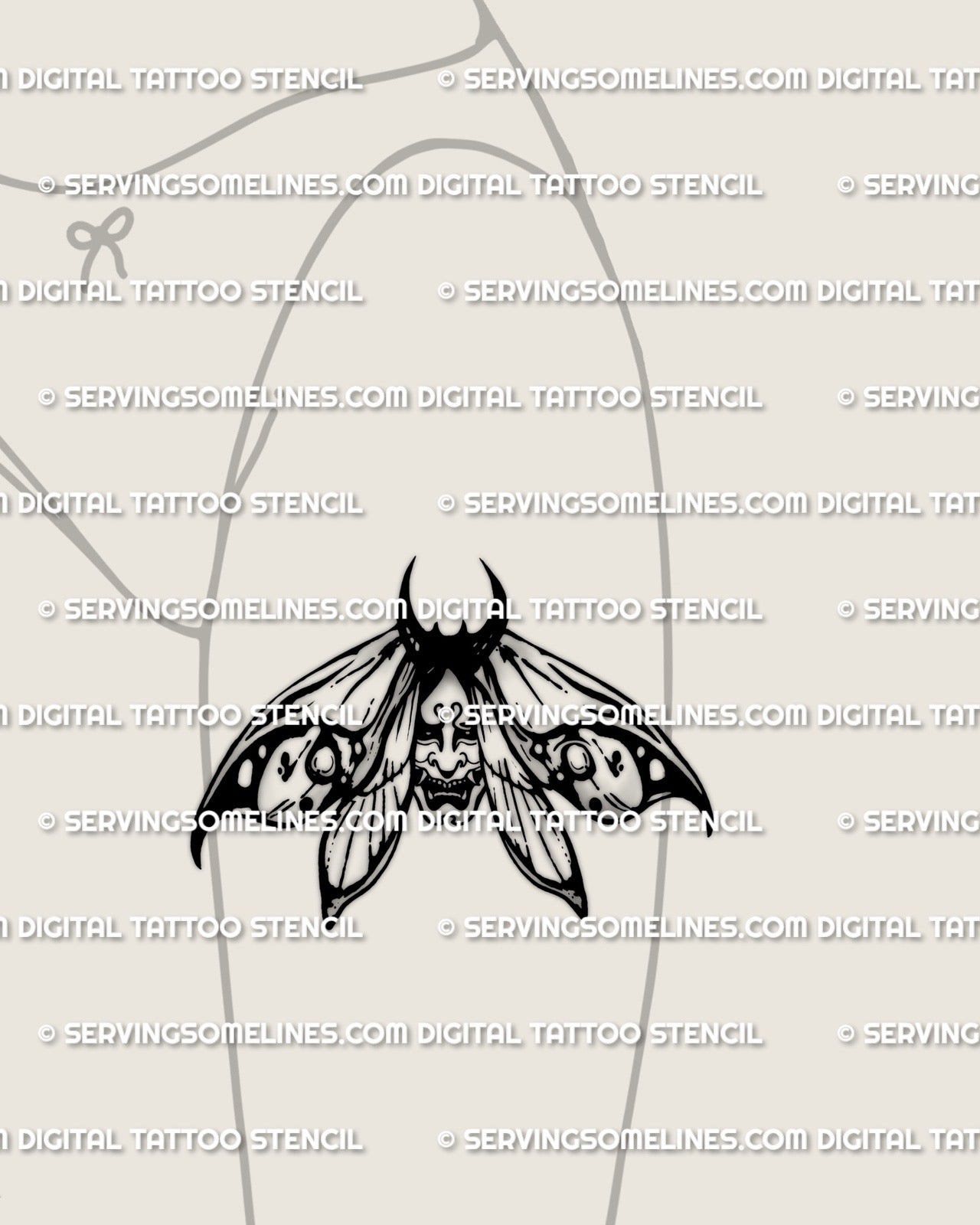 Japanese oni moth tattoo stencil shown on thigh placement example, blackwork wings, clean printable PNG JPG PDF