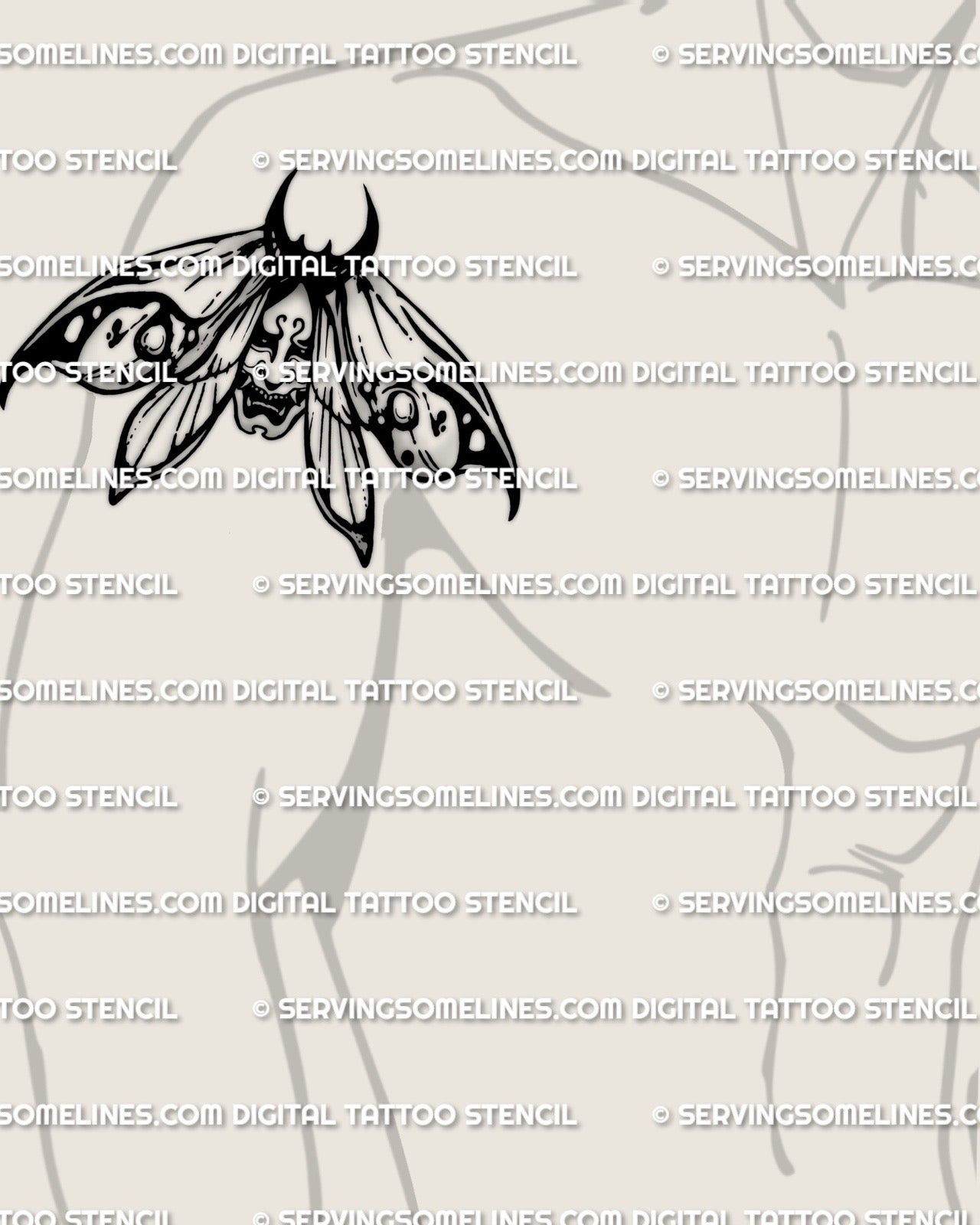 Japanese moth tattoo stencil shown on upper arm placement example, oni mask detail centered, printable stencil files
