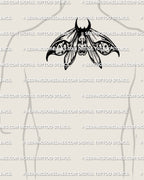 Oni mask moth tattoo stencil displayed on upper back placement example, bold wings and face detail, instant download files