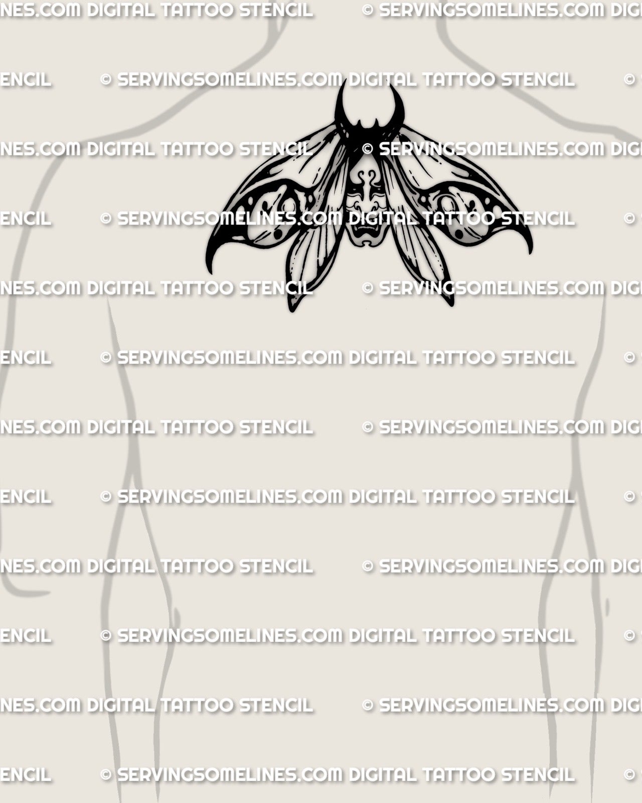 Oni mask moth tattoo stencil displayed on upper back placement example, bold wings and face detail, instant download files