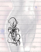 Orchid tattoo stencil shown on feminine hip placement example, stylized orchid bloom with curling ornaments, download.
