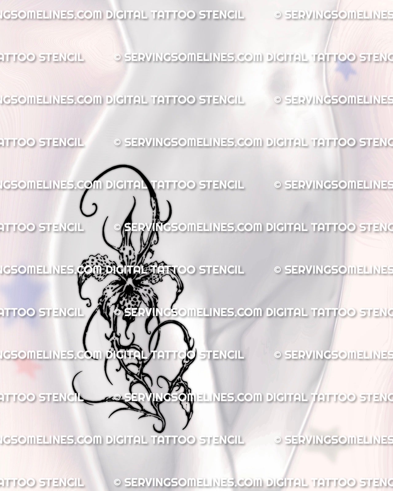 Orchid tattoo stencil shown on feminine hip placement example, stylized orchid bloom with curling ornaments, download.