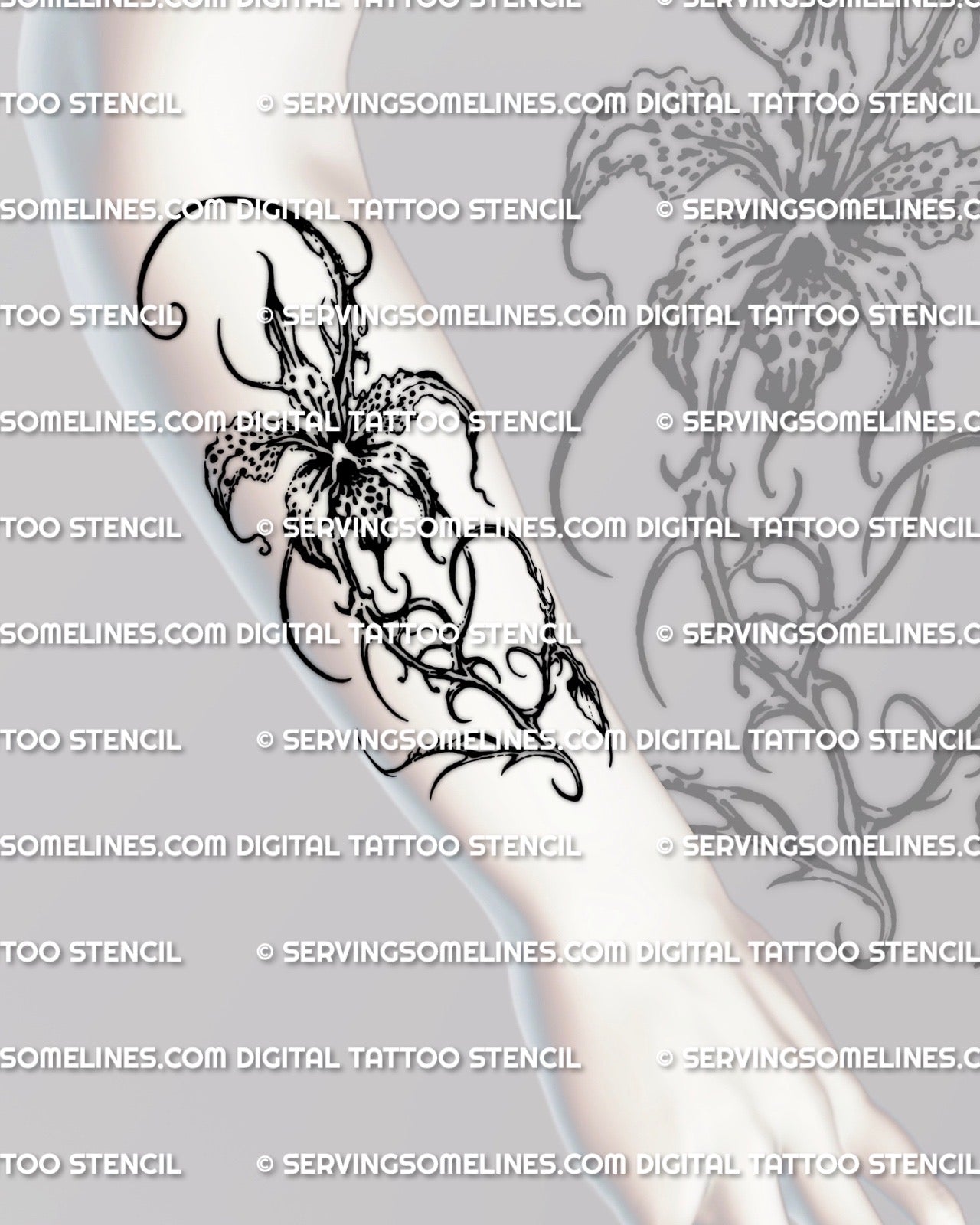 Orchid tattoo stencil displayed on forearm placement example, clean floral outline with curved tendrils, instant files.