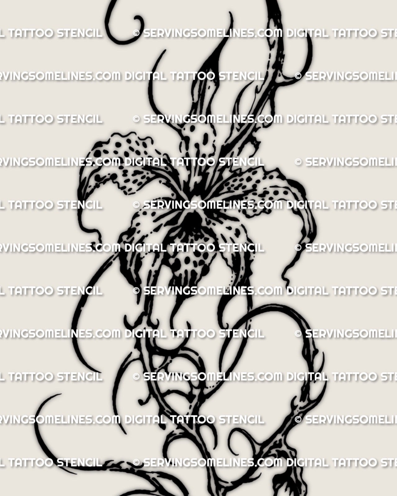 chars: Orchid tattoo stencil design with tiger orchid petals and abstract curls, digital download PNG JPEG PDF.