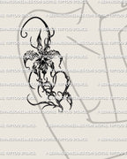 Orchid tattoo stencil displayed on womens arm placement example, floral linework bloom with curling stem, instant download.