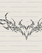 Close up of ornamental heart wings tattoo stencil, intricate baroque cybersigilism detailing with elegant symmetrical lines.