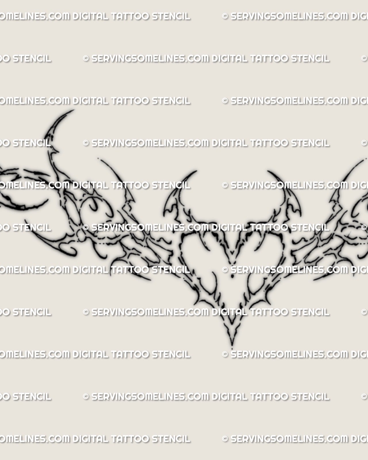 Close up of ornamental heart wings tattoo stencil, intricate baroque cybersigilism detailing with elegant symmetrical lines.