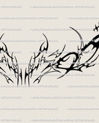 Close-up of ornamental blackwork chest tattoo, abstract tribal cybersigilism design showing balanced symmetry and crisp outline.