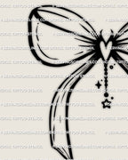 ornamental bow tattoo stencil with subtle gothic curves and a devil heart symbol shown as a printable small tattoo design