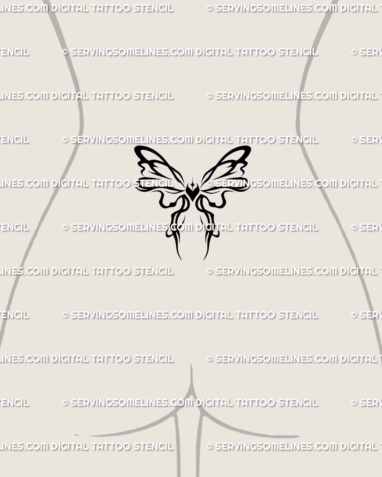 Ornamental bow stencil shown on womens lower back centered placement example, compact ribbon tattoo design download.
