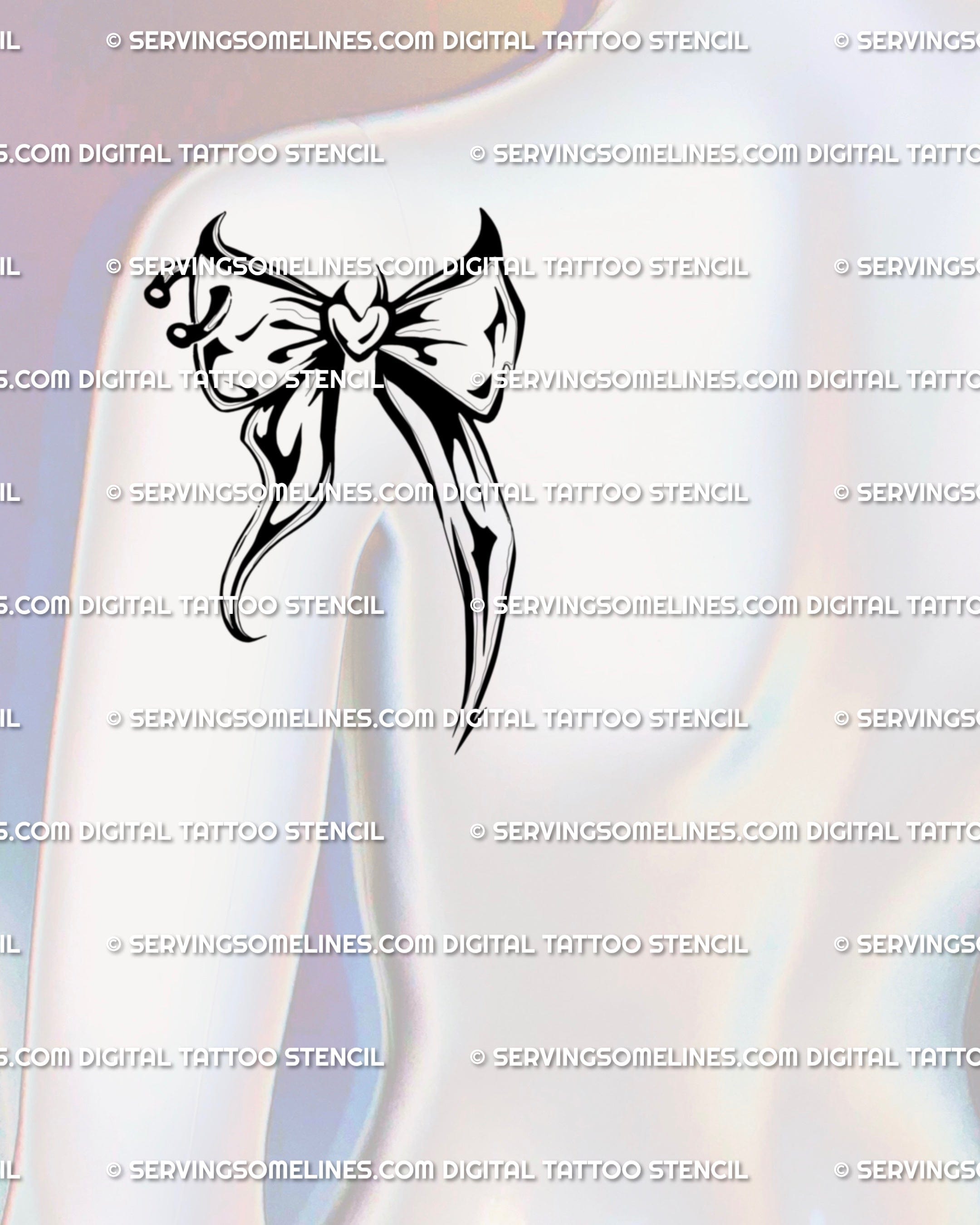 Ornamental bow tattoo stencil displayed on shoulder placement preview, gothic bow shape with digital download files.
