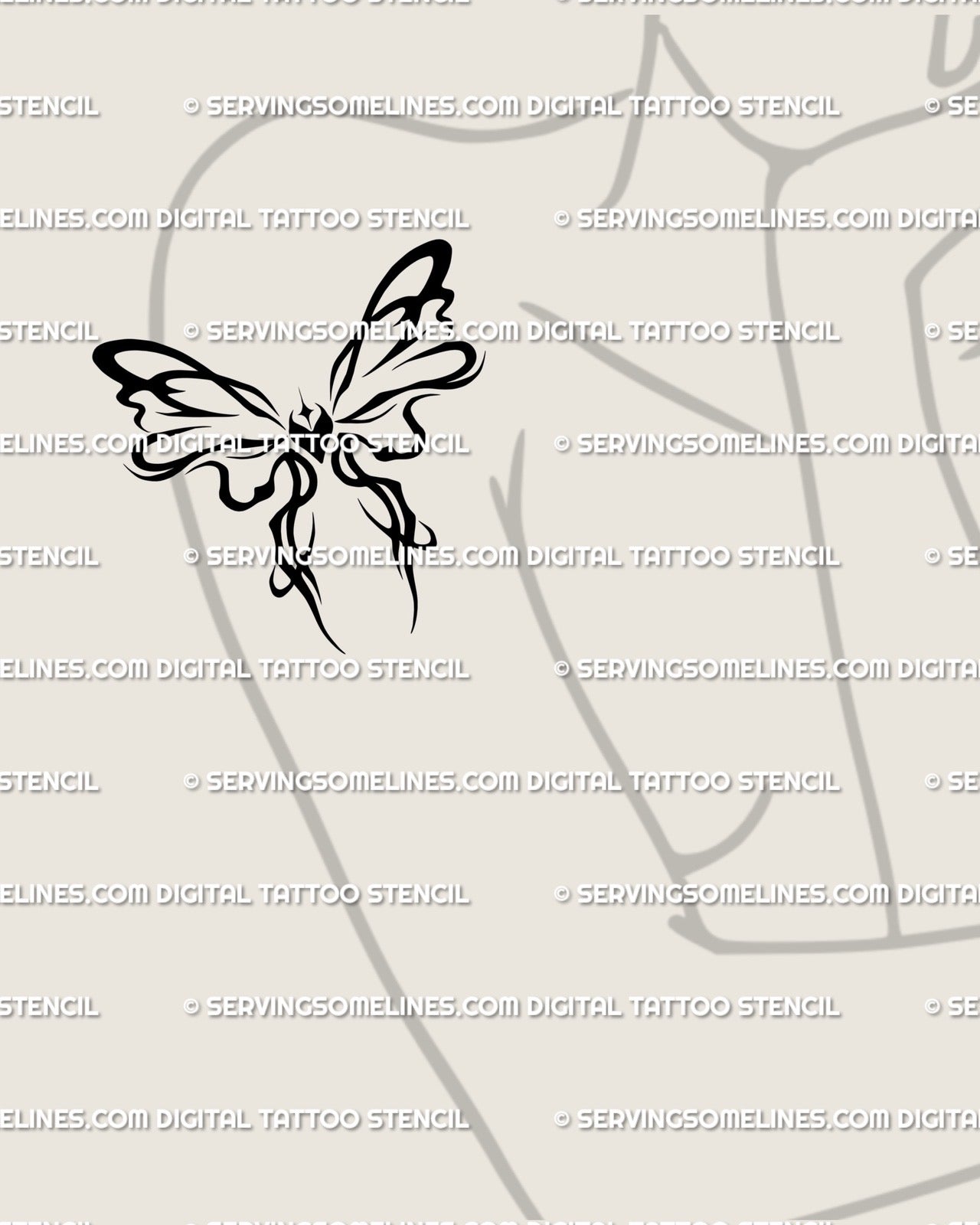 Ornamental bow tattoo stencil shown on womens upper arm placement example, soft abstract ribbon shape with printable files.