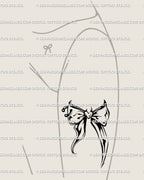 Ornamental coquette bow stencil shown on front thigh placement example, pierced ribbon bow tattoo download files.