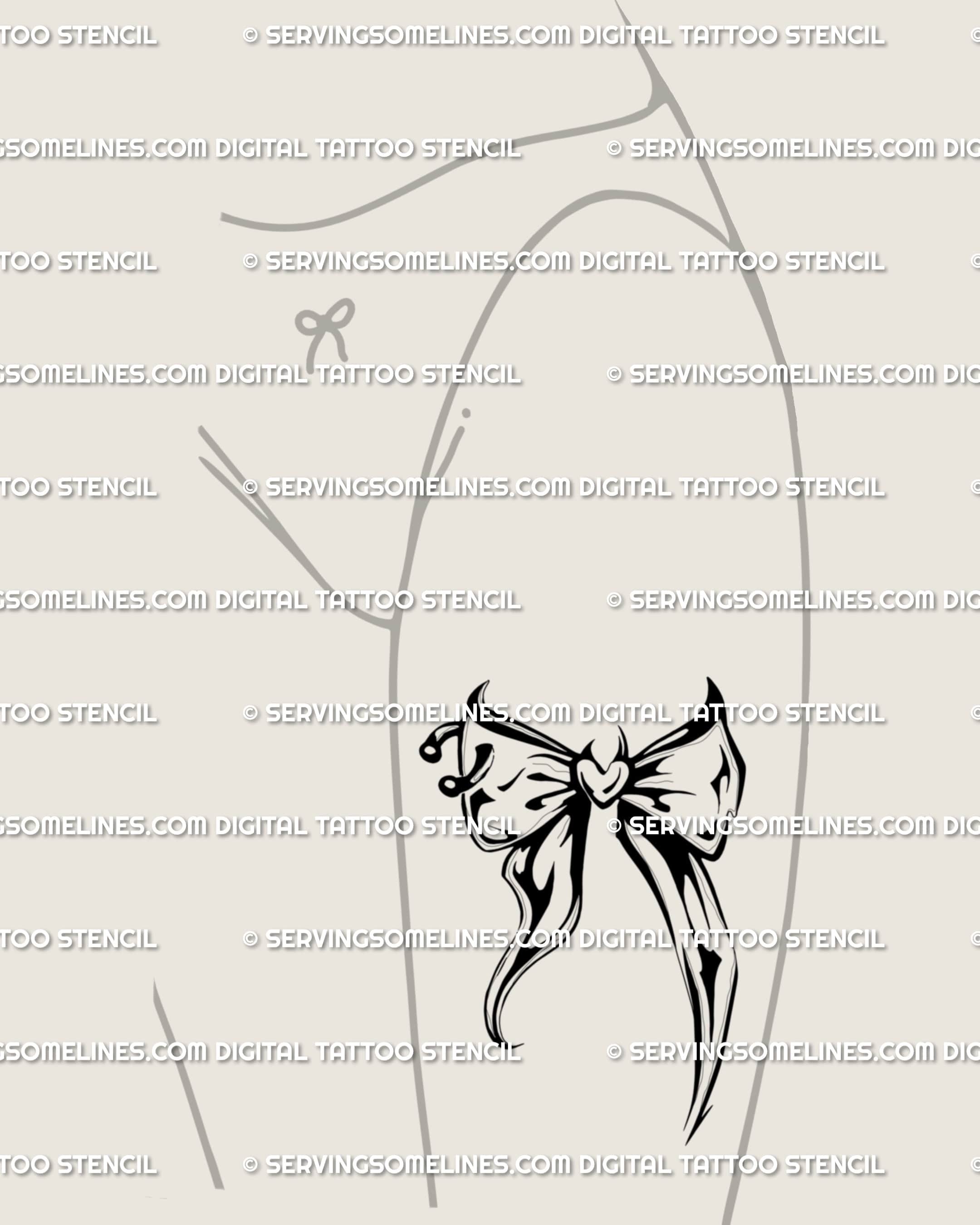 Ornamental coquette bow stencil shown on front thigh placement example, pierced ribbon bow tattoo download files.