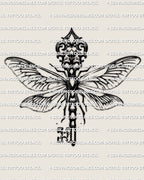 Dragonfly tattoo design with key silhouette, gothic dragonfly key tattoo stencil isolated with wide wings and antique crest detail.