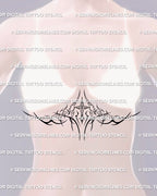 ornamental cross chest framing tattoo stencil shown on a woman, gothic baroque lines created for clean underbust placement