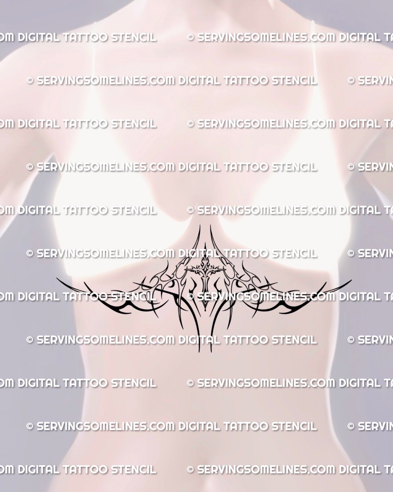 ornamental cross chest framing tattoo stencil shown on a woman, gothic baroque lines created for clean underbust placement