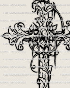 Detailed ornamental cross tattoo stencil showing filigree scrolls and light cybersigilism accents for a modern gothic baroque style