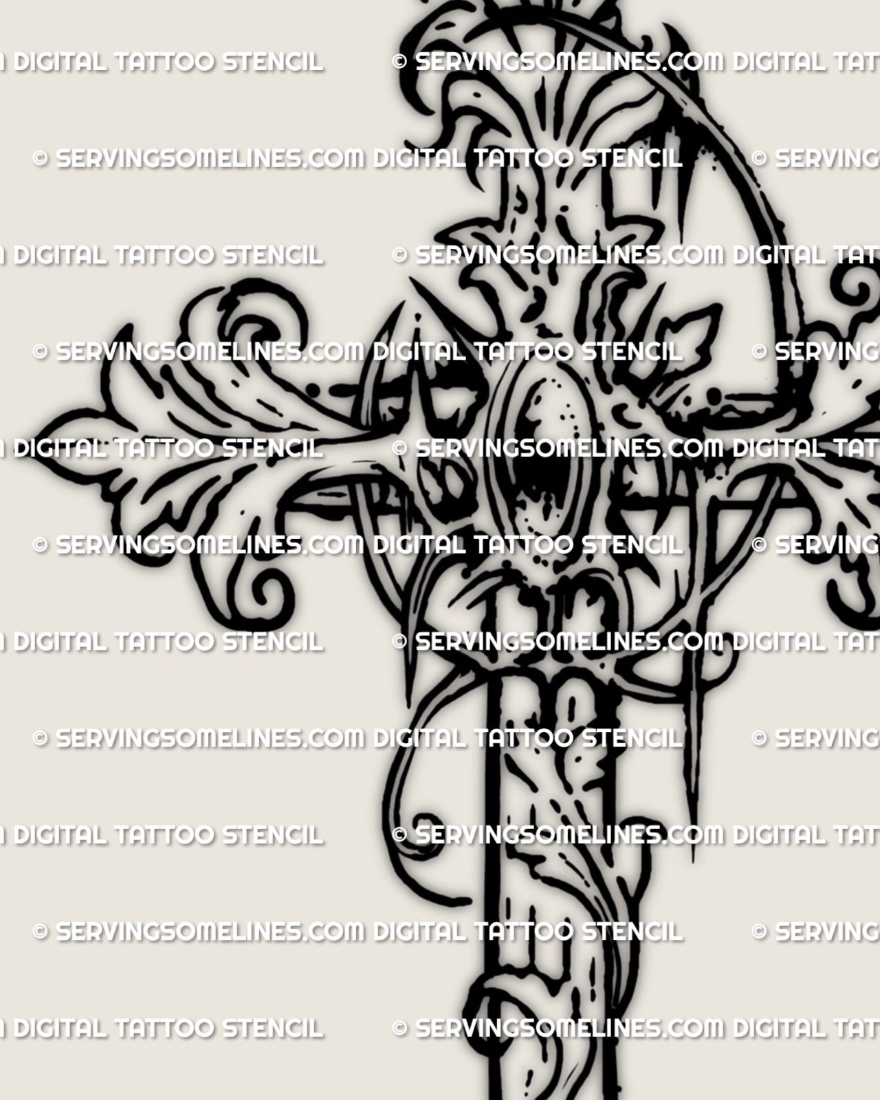 Detailed ornamental cross tattoo stencil showing filigree scrolls and light cybersigilism accents for a modern gothic baroque style