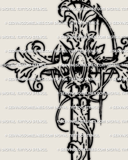 Detailed ornamental cross tattoo stencil showing filigree scrolls and light cybersigilism accents for a modern gothic baroque style