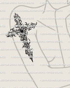 Ornamental cross tattoo stencil shown on female arm placement, digital tattoo design example
