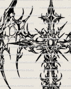 Ornamental cross tattoo stencil with gem center and stylized wings, vertical neotribal composition suited for chest, back, or spine placement