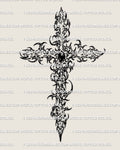 Ornamental cross tattoo stencil with gemstone center and cybersigilism linework, digital tattoo design