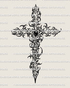 Ornamental cross tattoo stencil with gemstone center and cybersigilism linework, digital tattoo design