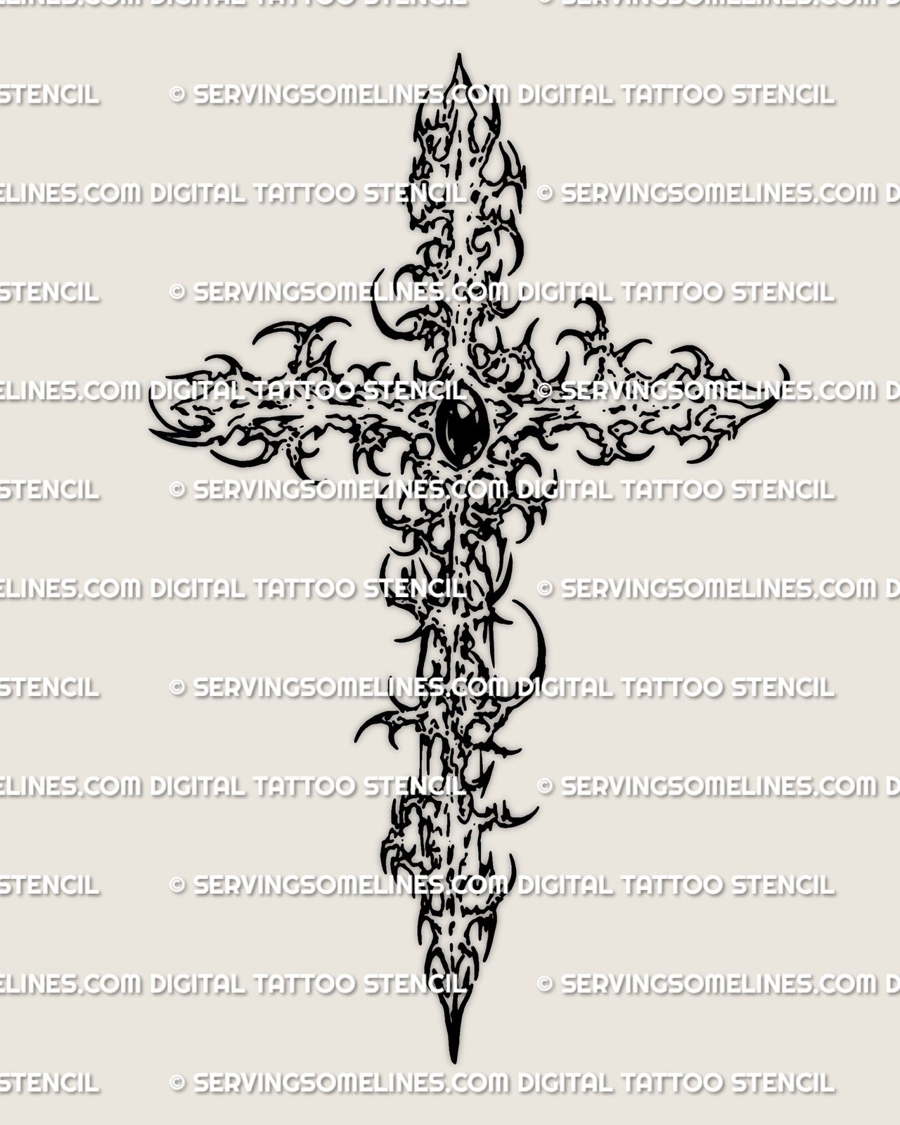 Ornamental cross tattoo stencil with gemstone center and cybersigilism linework, digital tattoo design