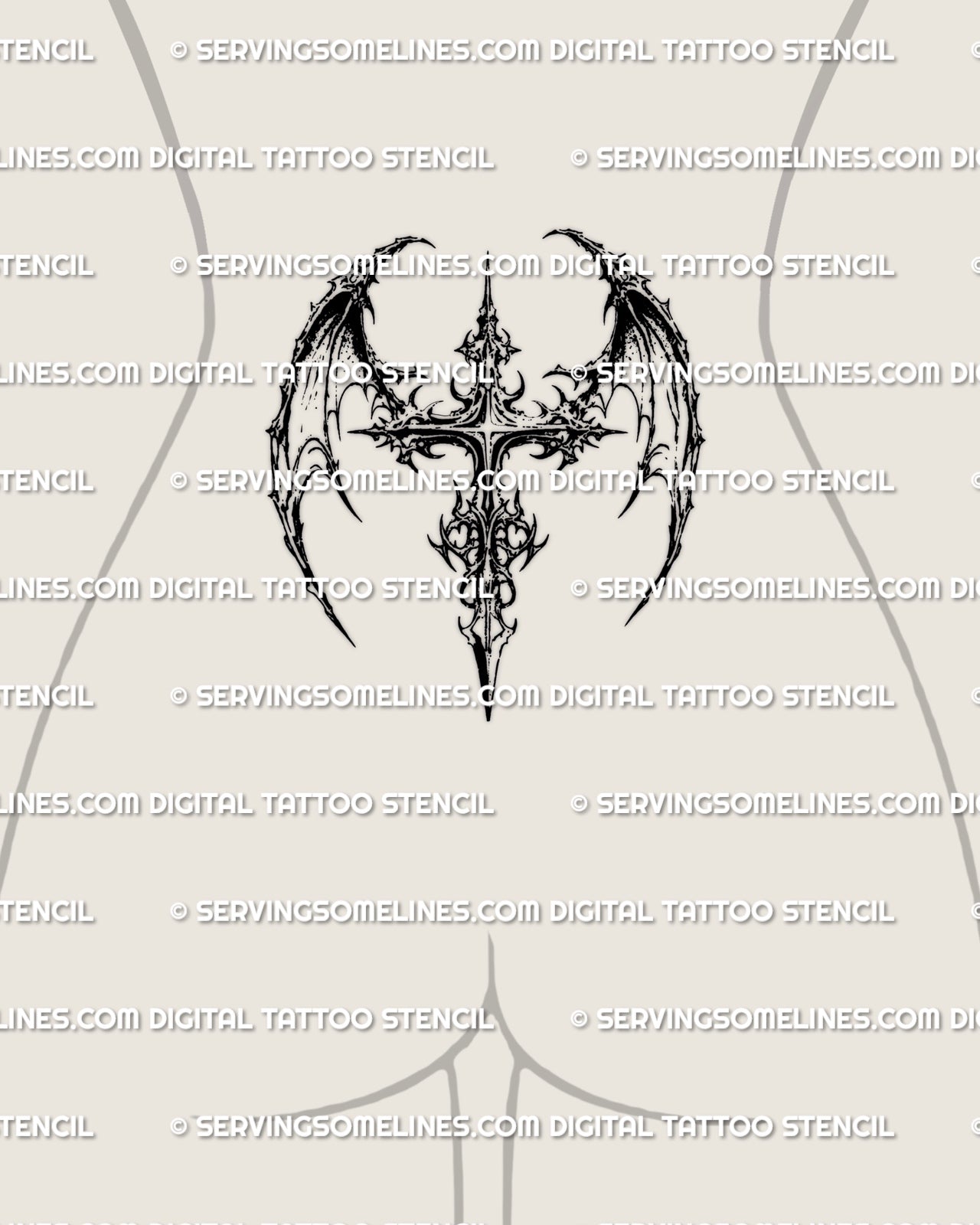 Ornamental cross with dragon wings tattoo on women’s lower back, balanced gothic blackwork design
