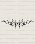 Ornamental cyber butterfly tattoo stencil in Y2K style, abstract wings with cybersigilism lines and graceful symmetry for lower back or chest.