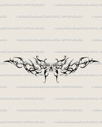 Ornamental cyber butterfly tattoo stencil in Y2K style, gothic wings with cybersigilism lines and graceful symmetry for lower back or chest.