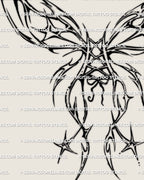 Close detail of ornamental cyber wings tattoo showing sharp linework, star accents, and chrome-like outlined flow