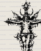 Close-up of dark fairy cross tattoo design, spiked thorns and guardian figure details, crisp transfer lines.