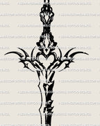 clean ornamental dagger tattoo stencil with gothic heart detailing and medieval blade shapes displayed as a printable digital flash design