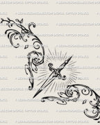 Main design view of an ornamental dagger lower back tattoo stencil, showing the central blade and balanced side flourishes.
