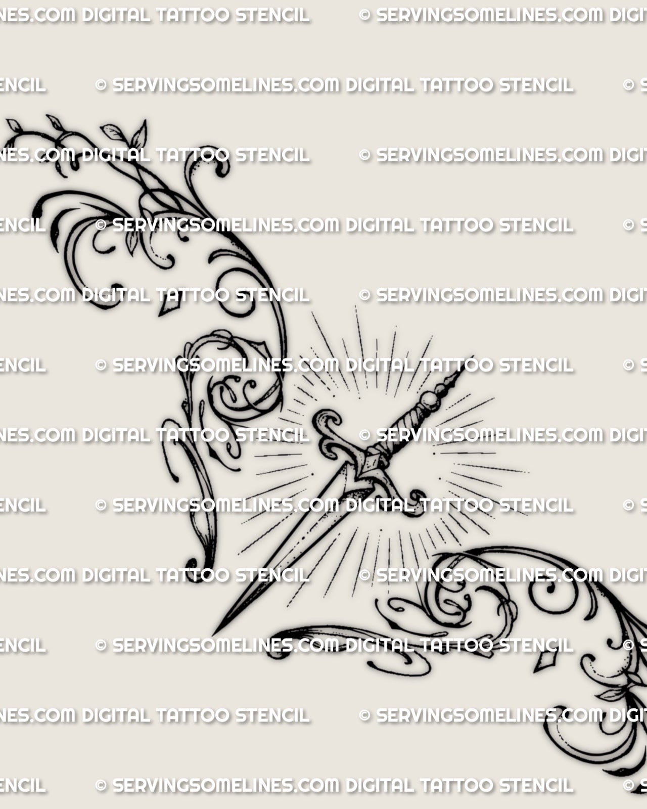 Main design view of an ornamental dagger lower back tattoo stencil, showing the central blade and balanced side flourishes.