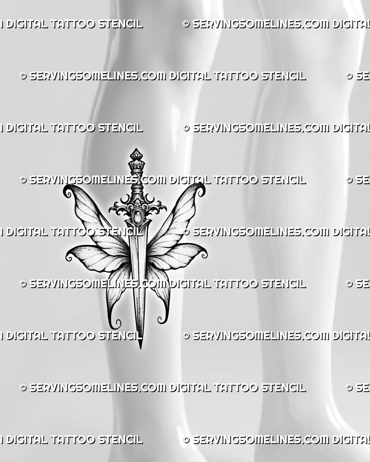 Ornamental dagger tattoo stencil shown on calf, with fantasy wing detail, gem hilt, and clean vertical placement.