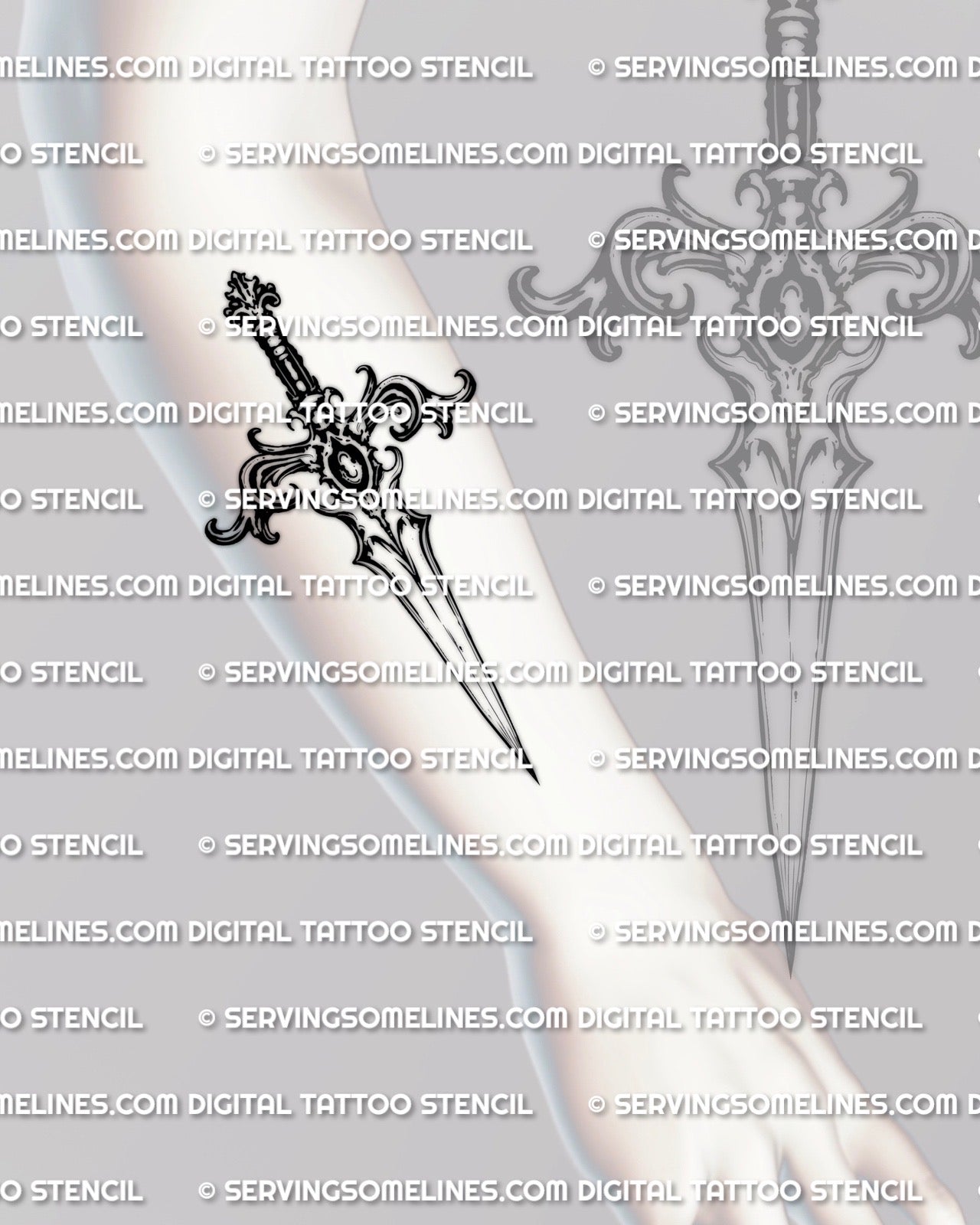 Ornamental dagger tattoo stencil shown on forearm placement example, filigree handle detail, straight blade, instant download PNG JPEG PDF
