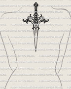 Ornamental dagger tattoo stencil displayed on upper back center placement example, filigree handle detail, straight blade