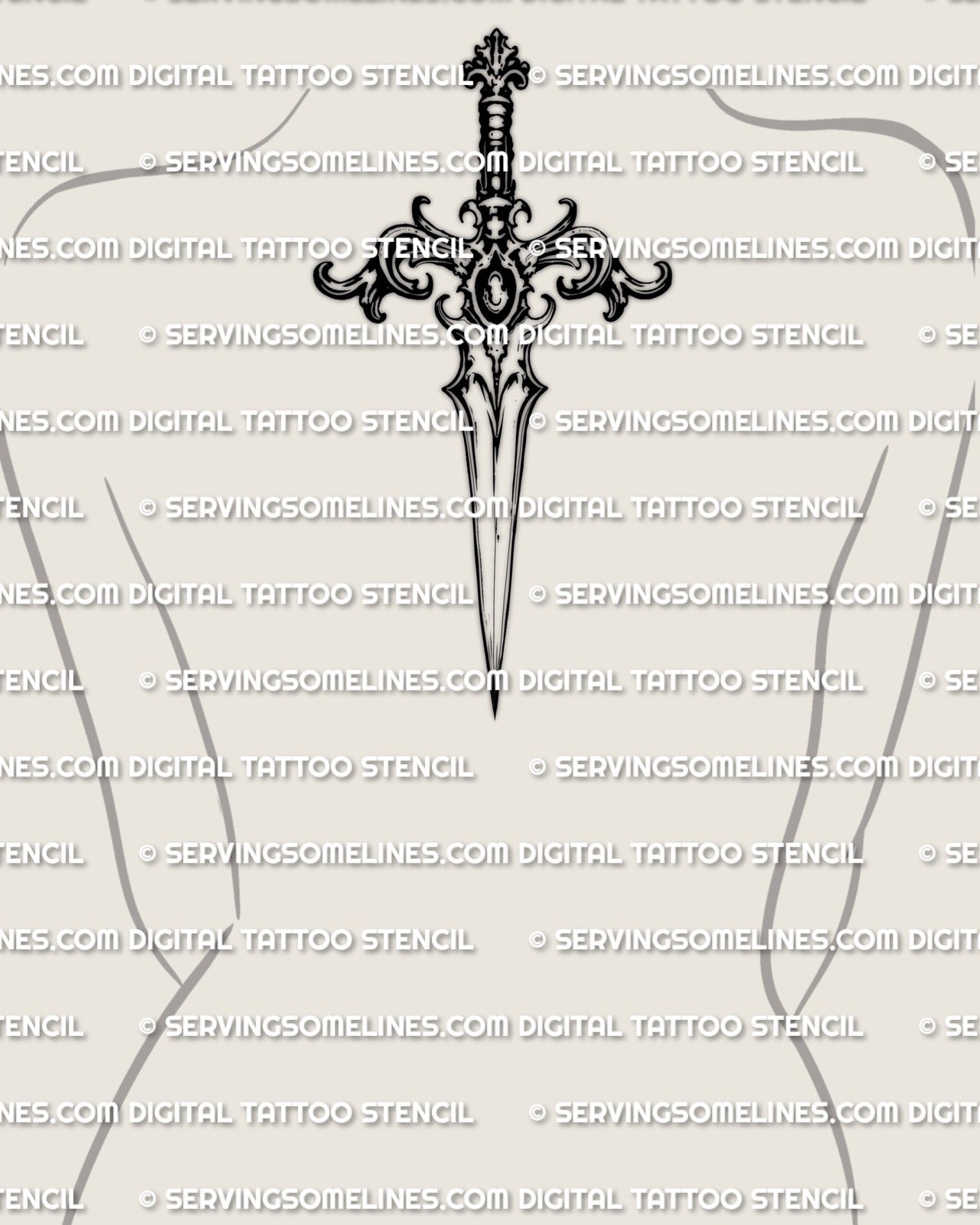 Ornamental dagger tattoo stencil displayed on upper back center placement example, filigree handle detail, straight blade