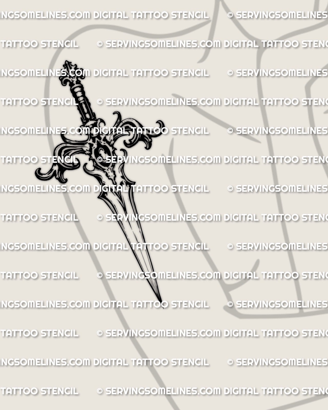 Ornamental dagger tattoo stencil shown on womens arm placement example, filigree handle, straight blade, instant download