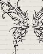 abstract fairy wing tattoo design in fine ornamental linework with magical curves and soft shaded accents drawn for upper-back placement