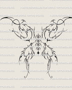 Ornamental fairy wings upper back design with pointed tips, flowing outlines, and a fantasy-inspired silhouette