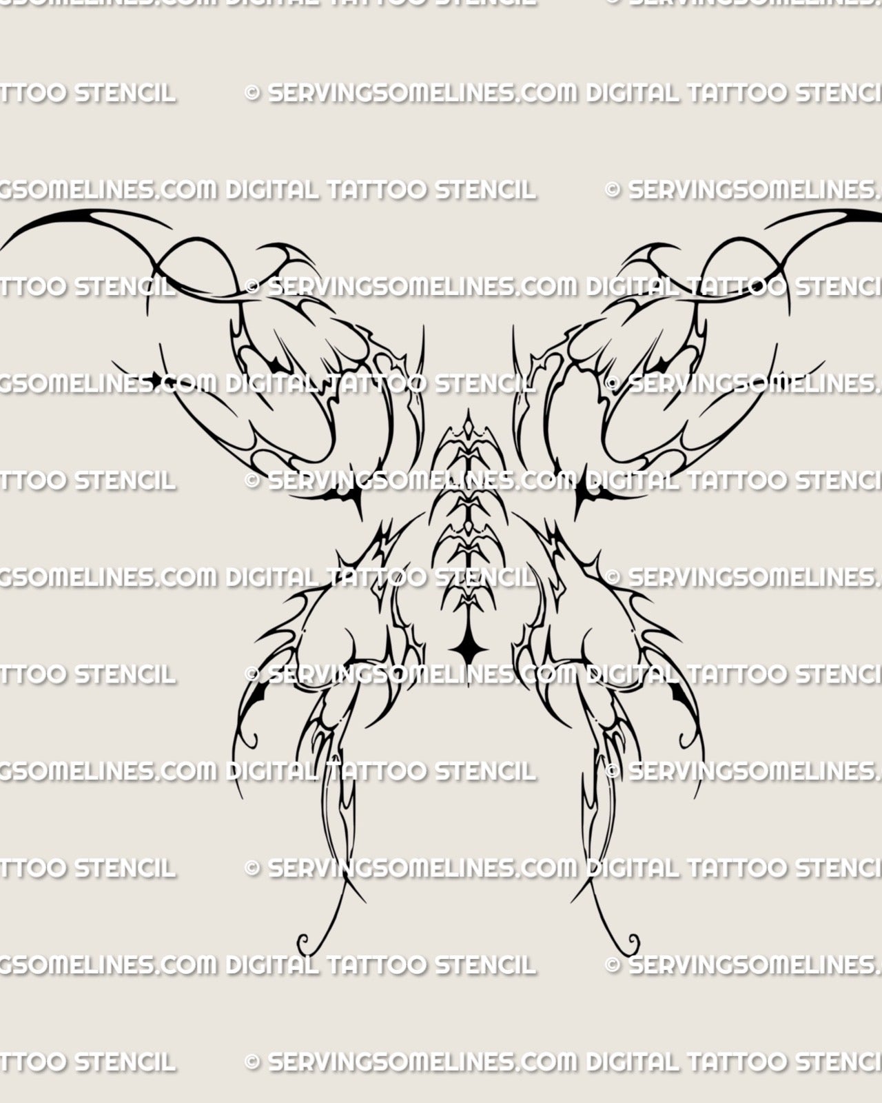 Ornamental fairy wings upper back design with pointed tips, flowing outlines, and a fantasy-inspired silhouette