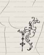 Shown on a woman’s side breast placement, this ornamental baroque tattoo stencil features intricate filigree and cross-like flow.