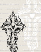 Ornamental flame cross tattoo stencil with heart core, gothic blackwork cross with cybertribal flame accents, sharp lines, high contrast 